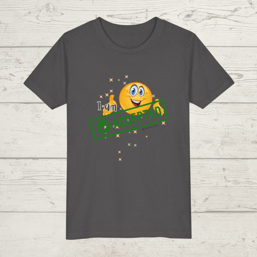 Asphalt Grey t-shirt with a smiley face and 'I am accepted' text on a wooden surface
