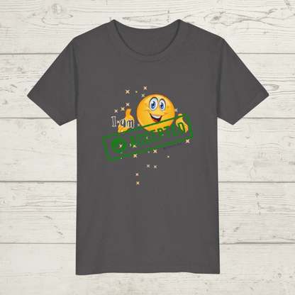 Asphalt Grey t-shirt with a smiley face and 'I am accepted' text on a wooden surface