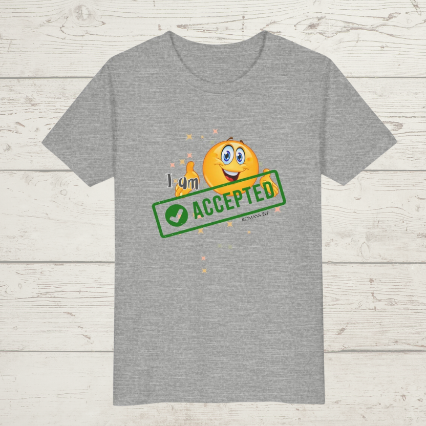 Athletic Heather t-shirt with emoji and 'I'm Accepted' text on a wooden surface