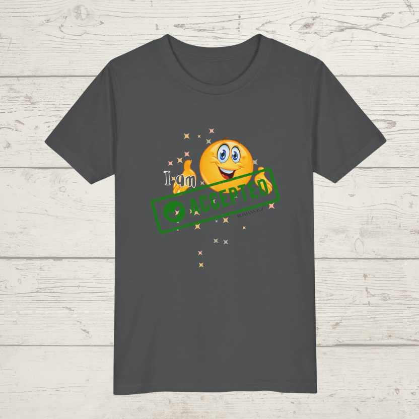 Heather Grey t-shirt with a smiley face and 'I am Accepted' and text on a wooden surface