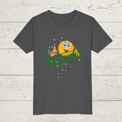 Heather Grey t-shirt with a smiley face and 'I am Accepted' and text on a wooden surface