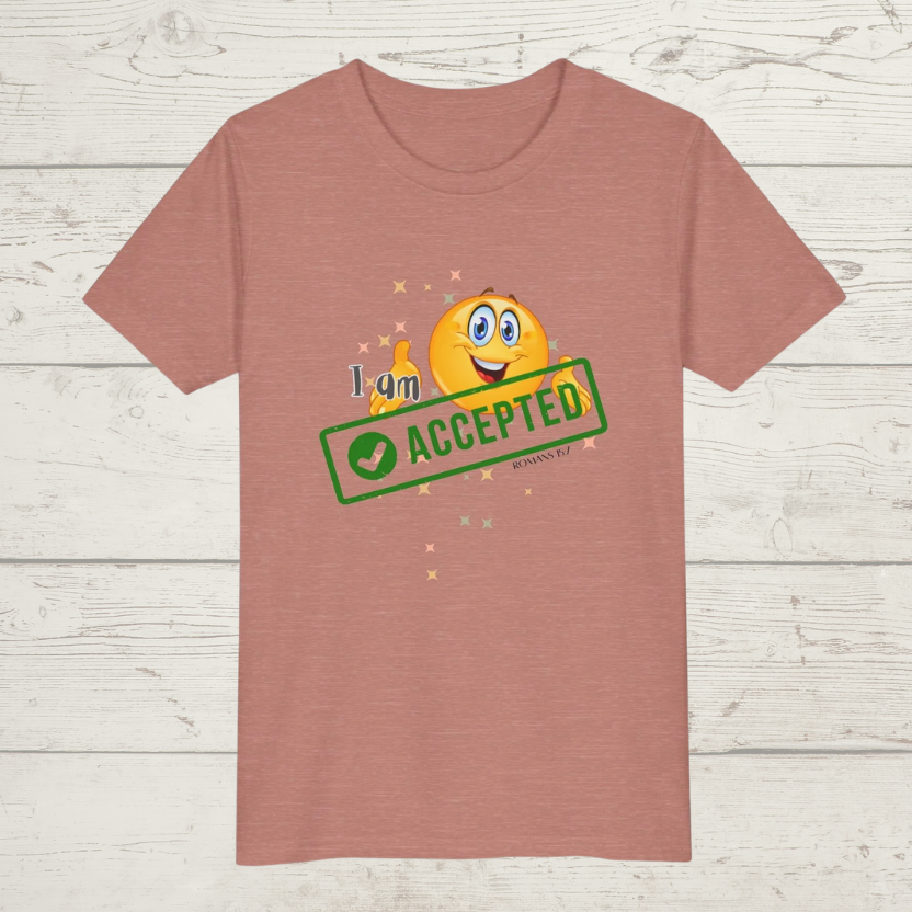 Heather Mauve t-shirt with a smiley face and 'I am accepted' text on a wooden surface