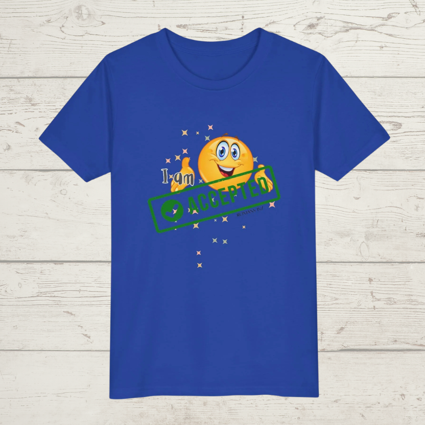 True Royal Blue t-shirt with a smiley face and 'I'm accepted' text on a wooden surface