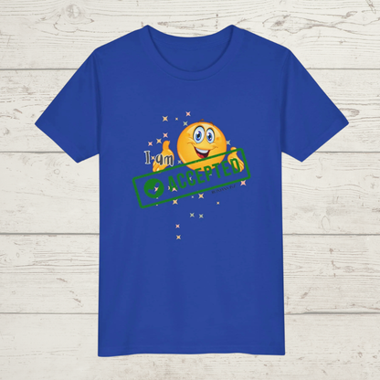True Royal Blue t-shirt with a smiley face and 'I'm accepted' text on a wooden surface