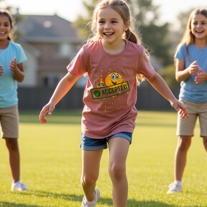 Girl running on grass wearing a pink t-shirt with a smiley face and 'ACCEPTED' text.