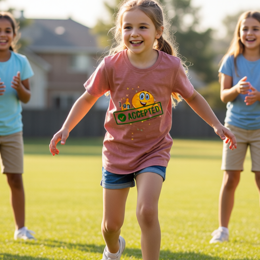 Girl running on grass wearing a pink t-shirt with a smiley face and 'ACCEPTED' text.