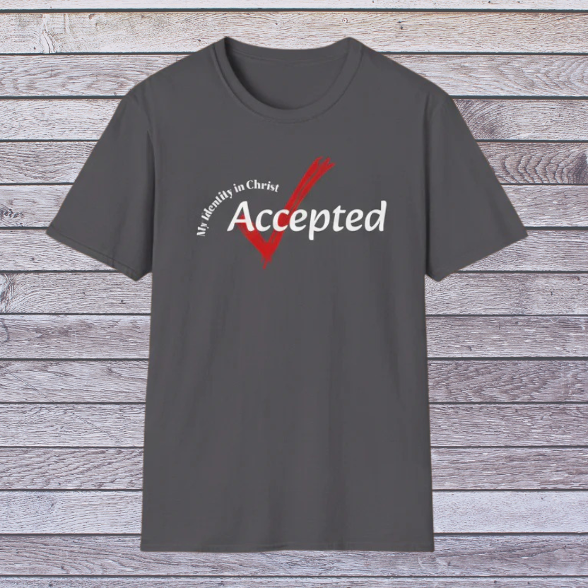 Charcoal Gray t-shirt with 'My identity in Christ Accepted' text and red checkmark on a wooden background