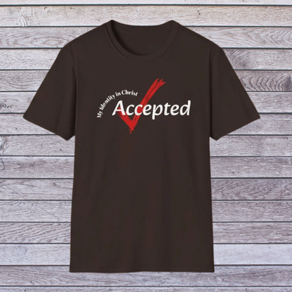 Dark Chocolate Brown t-shirt with 'Accepted' design on a wooden background