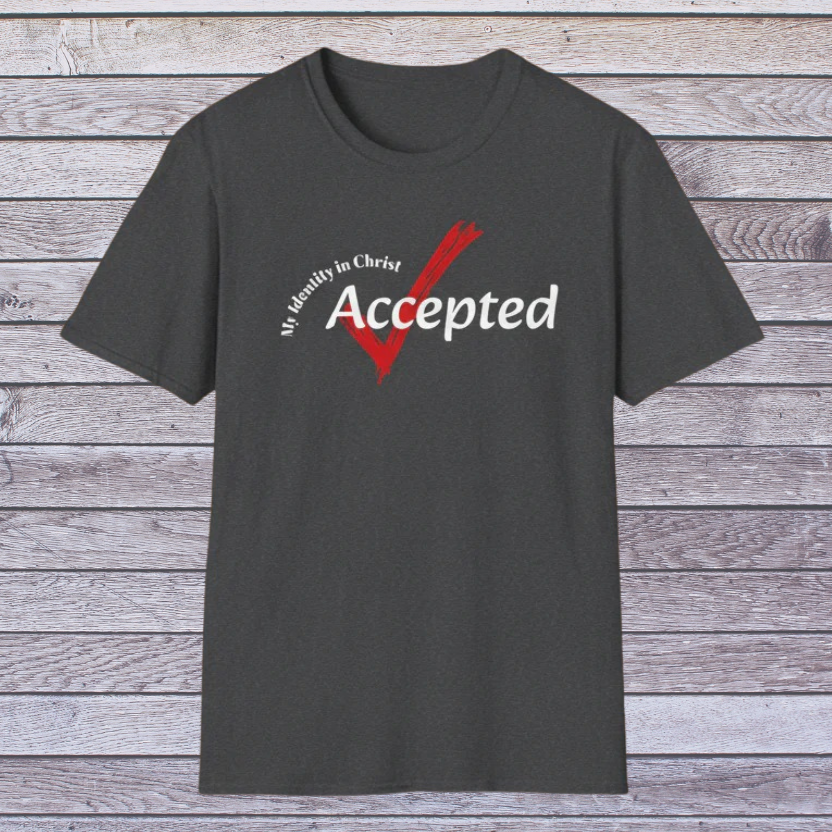 Dark Heather t-shirt with 'My identity in Christ Accepted' text on a wooden background