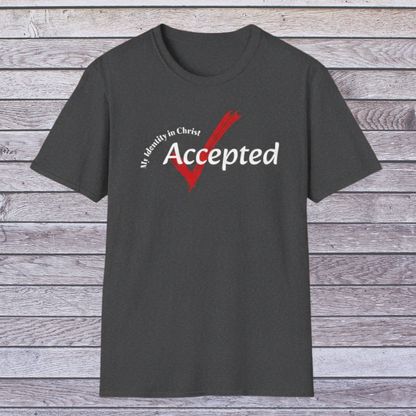 Dark Heather t-shirt with 'My identity in Christ Accepted' text on a wooden background