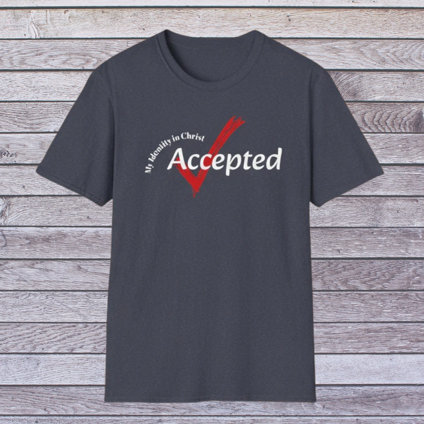 Navy t-shirt with 'My Identity in Christ Accepted' text on a wooden background