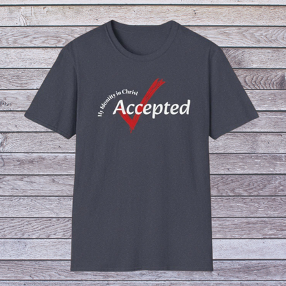Navy t-shirt with 'My Identity in Christ Accepted' text on a wooden background