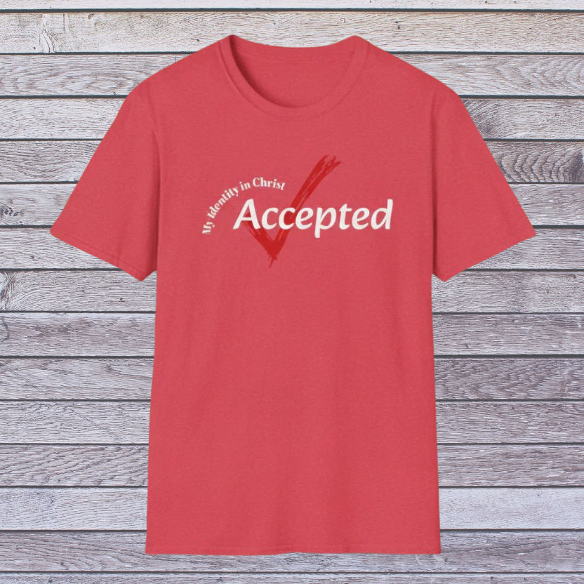 Red t-shirt with 'My Identity in Christ Accepted' text on a wooden background