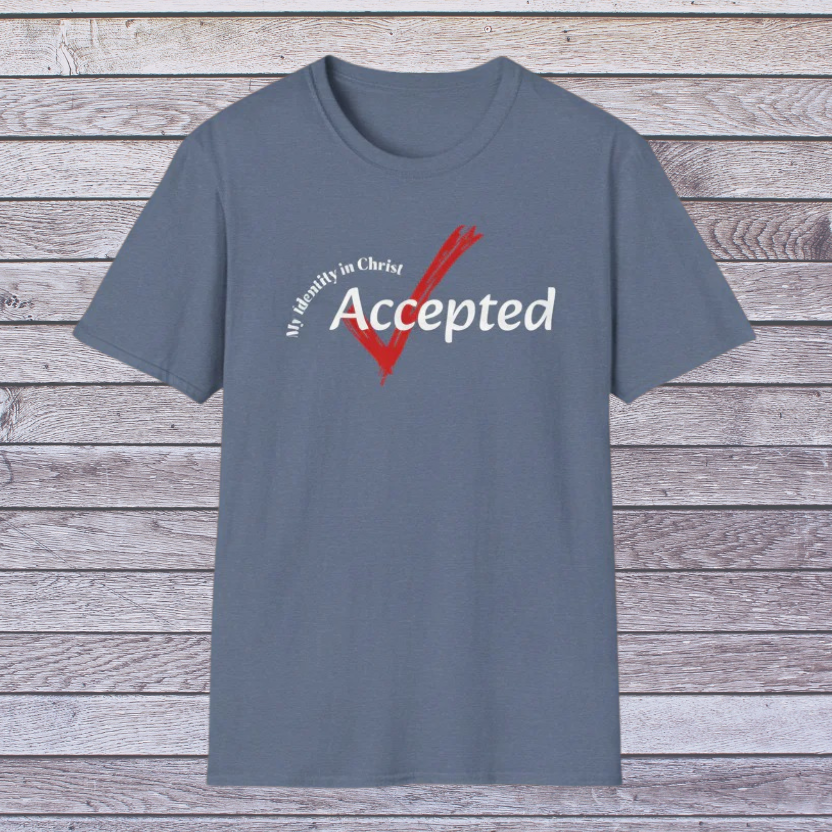 Indigo Blue Gray t-shirt with 'My Identity in Christ Accepted' text on a wooden background