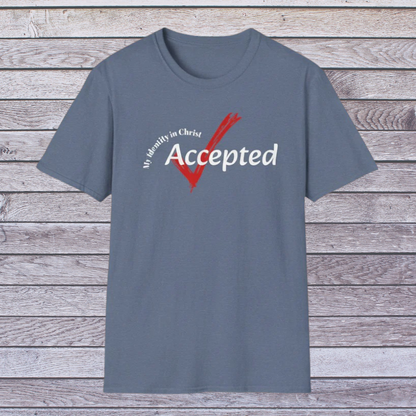 Indigo Blue Gray t-shirt with 'My Identity in Christ Accepted' text on a wooden background