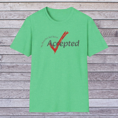 Green t-shirt with 'Accepted' text and red checkmark on a wooden background