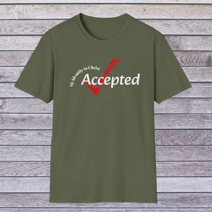Green t-shirt with 'Accepted' text and red checkmark on a wooden background