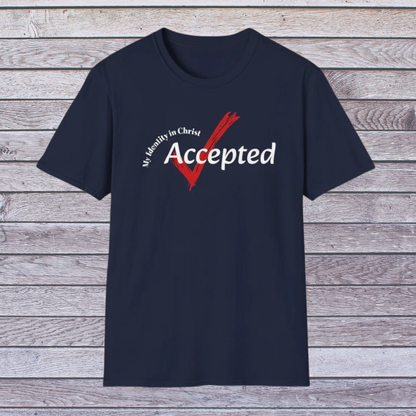 Navy t-shirt with 'My identity in Christ Accepted' text on a wooden background