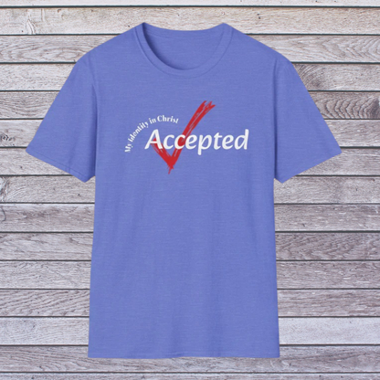 Blue t-shirt with 'Accepted' text on a wooden background