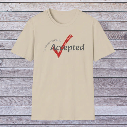 Sand Beige t-shirt with 'My identity in Christ Accepted' text and red checkmark on wooden background