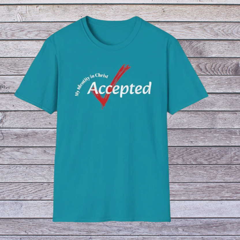 Blue Teal t-shirt with 'My identity in Christ Accepted' text on a wooden background