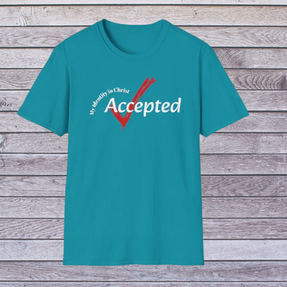 Blue Teal t-shirt with 'My identity in Christ Accepted' text on a wooden background