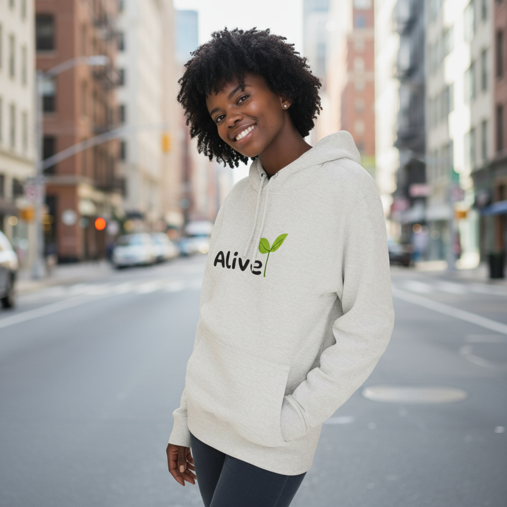Person wearing an oatmeal hoodie with 'Alive' logo and plant sprout in city view