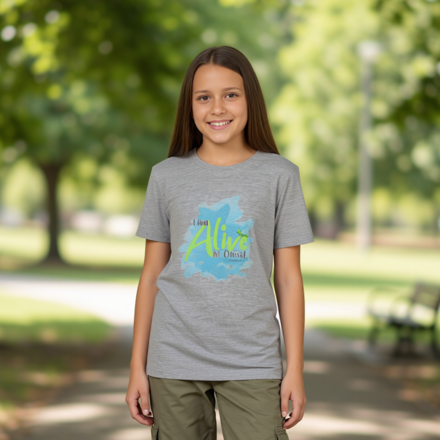 Person wearing a gray t-shirt with a colorful design in a park