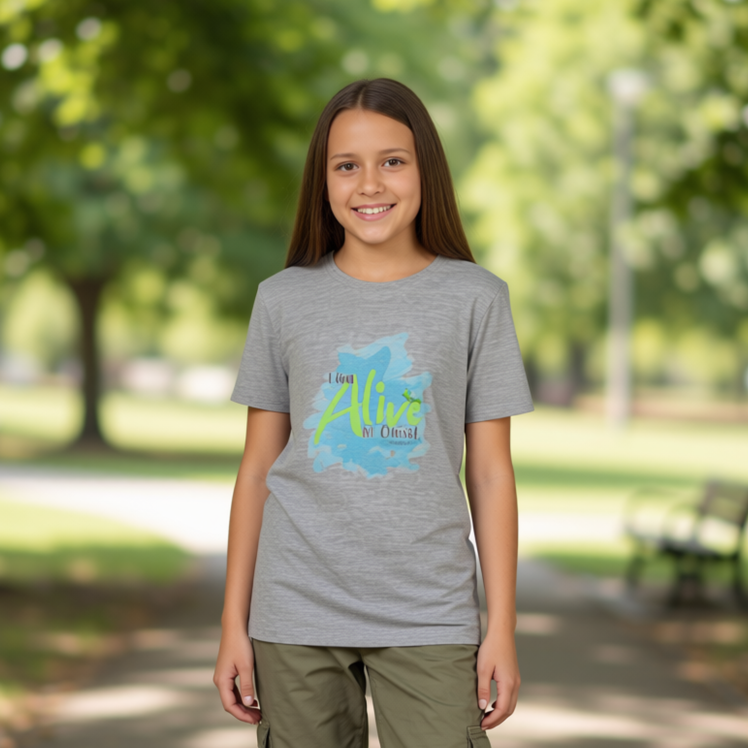 Person wearing a gray t-shirt with a colorful design in a park