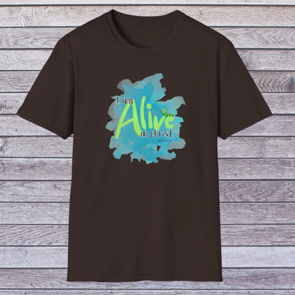 Dark Chocolate Brown t-shirt with 'I am Alive in Christ' graphic on a wooden background