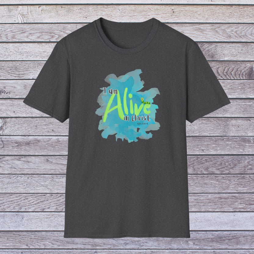 Dark Heather t-shirt with a colorful graphic and text on a wooden surface
