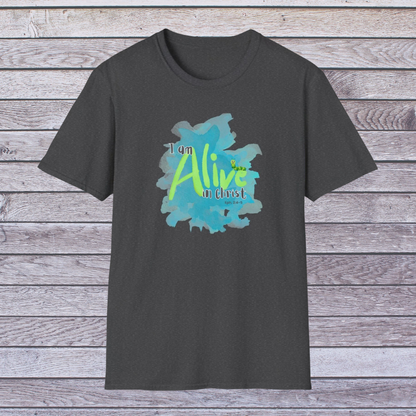 Dark Heather t-shirt with a colorful graphic and text on a wooden surface