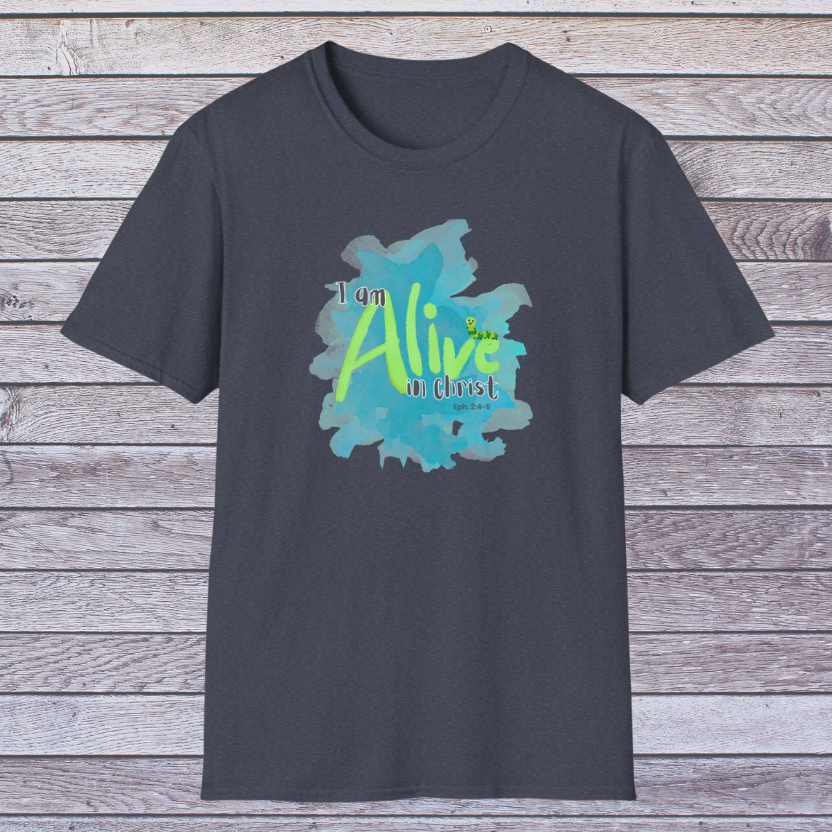 Navy t-shirt with a colorful graphic and text on a wooden background