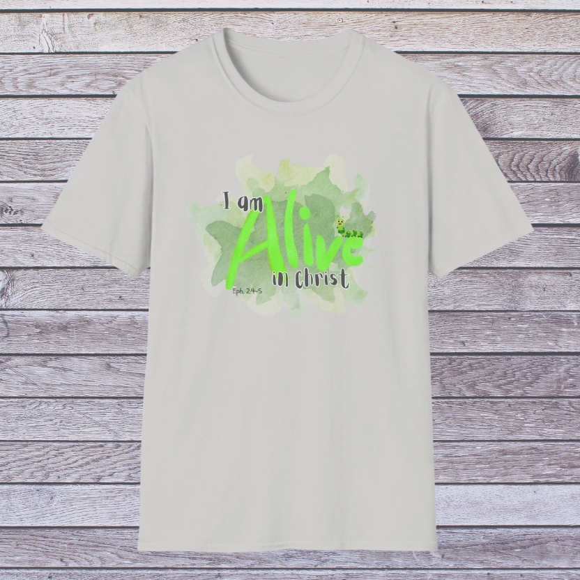 Ice Grey t-shirt with green text and design on a wooden background