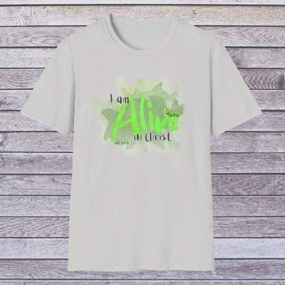 Ice Grey t-shirt with green text and design on a wooden background