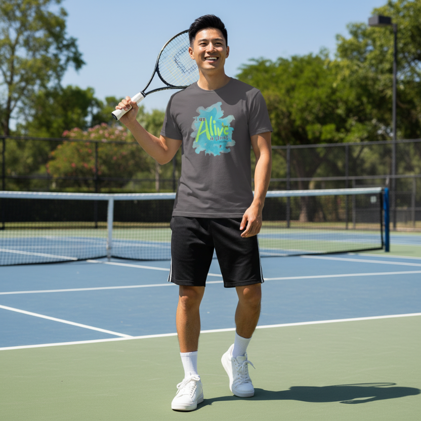 Gray t-shirt with 'I am Alive in Christ' design, worn by man on tennis court with racket