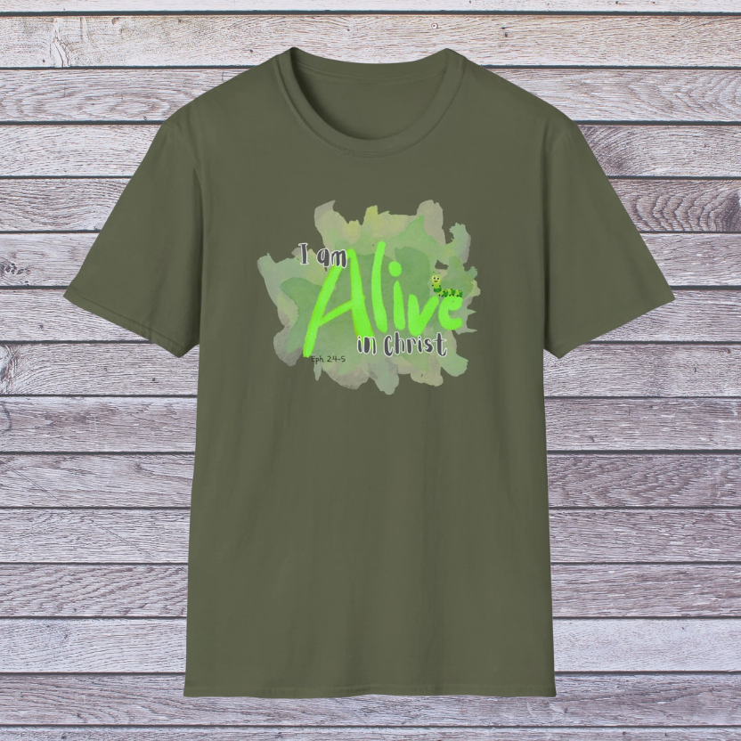 Military Green t-shirt with 'I am Alive in Christ' text on a wooden background