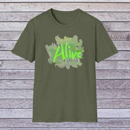 Military Green t-shirt with 'I am Alive in Christ' text on a wooden background