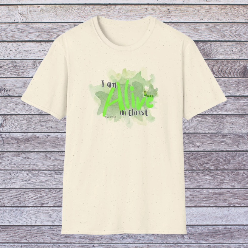 Natural Beige t-shirt with green text and design on a wooden background