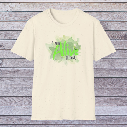 Natural Beige t-shirt with green text and design on a wooden background