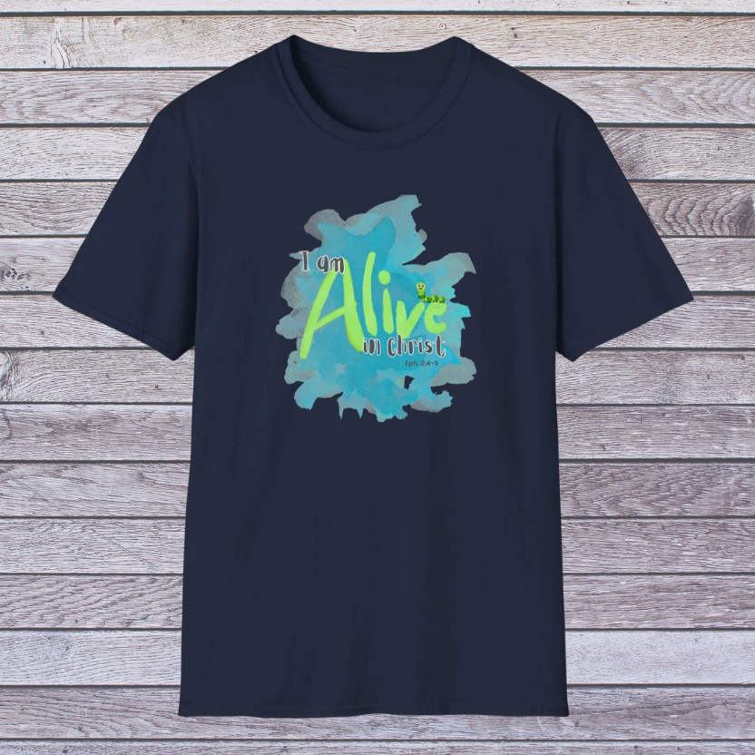 Navy t-shirt with 'I am Alive' graphic design on a wooden background