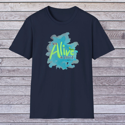Navy t-shirt with 'I am Alive' graphic design on a wooden background