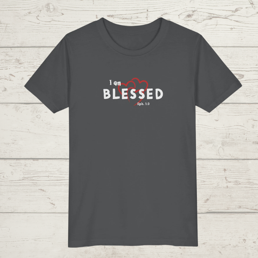 Asphalt Gray t-shirt with 'I am BLESSED Eph. 1:3' text on a wooden surface