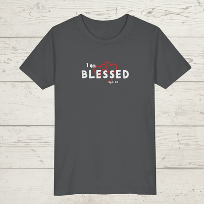 Asphalt Gray t-shirt with 'I am BLESSED Eph. 1:3' text on a wooden surface