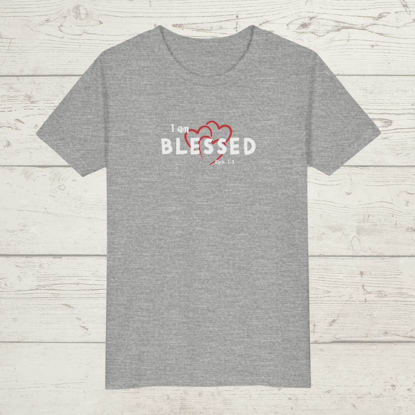 Athletic Heather Gray t-shirt with 'I am BLESSED' text and heart design on a wooden surface
