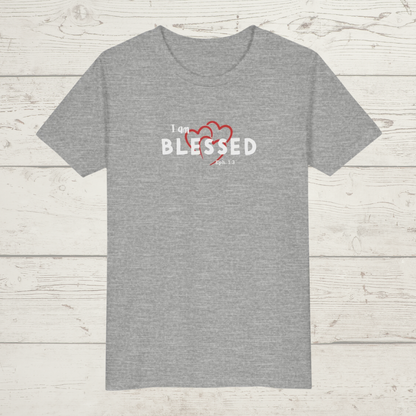 Athletic Heather Gray t-shirt with 'I am BLESSED' text and heart design on a wooden surface