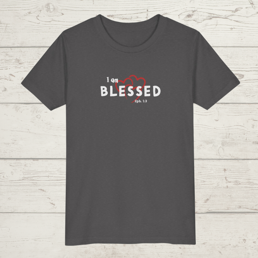 Heather Gray t-shirt with 'I am BLESSED' text on a wooden surface