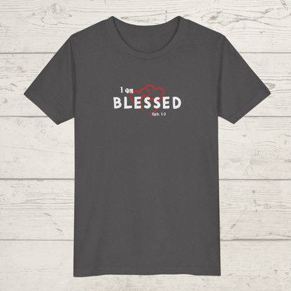 Heather Gray t-shirt with 'I am BLESSED' text on a wooden surface
