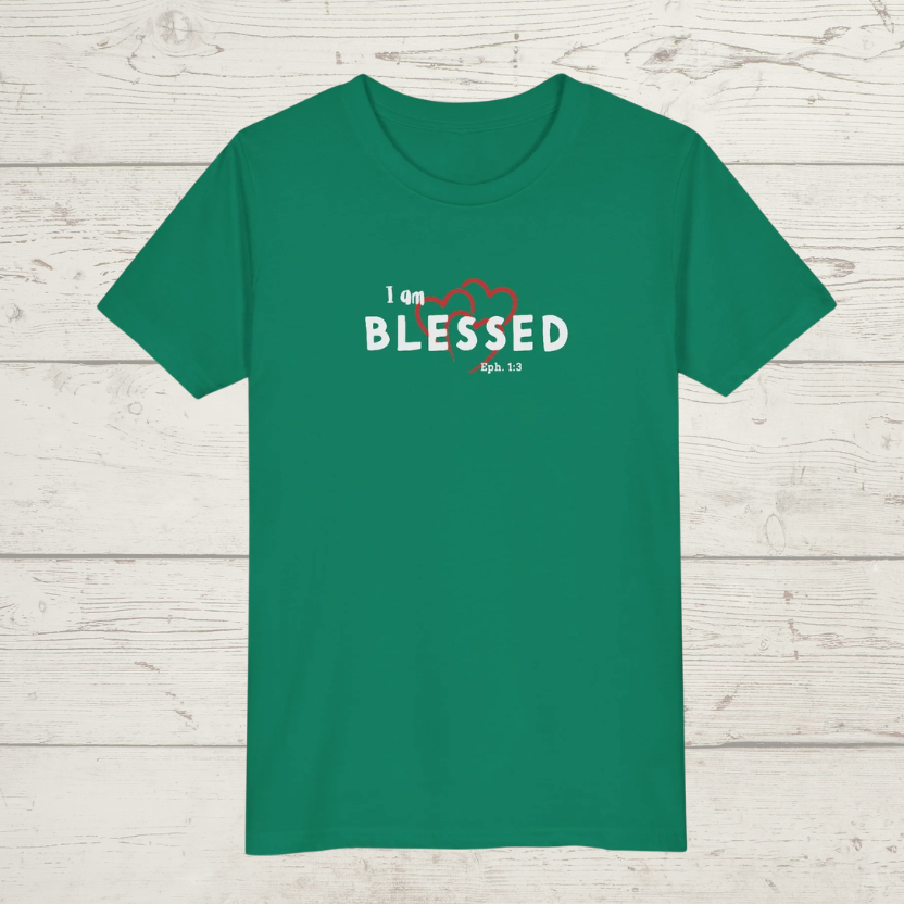 Kelly Green t-shirt with 'I am BLESSED Eph. 4:3' text on a wooden surface
