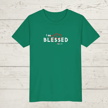 Kelly Green t-shirt with 'I am BLESSED Eph. 4:3' text on a wooden surface